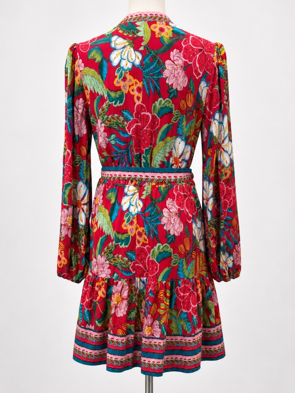 Adrianna Papell Tropical Floral Dress Tie Waist V Neck Long Sleeve Mini Red 8 - Picture 3 of 14